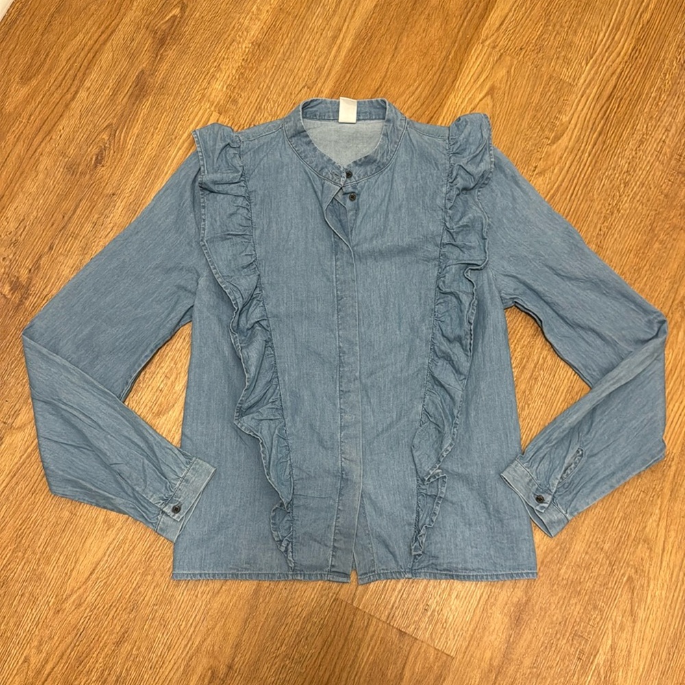 H&M Denim Ruffle Long Sleeve Button Up Shirt